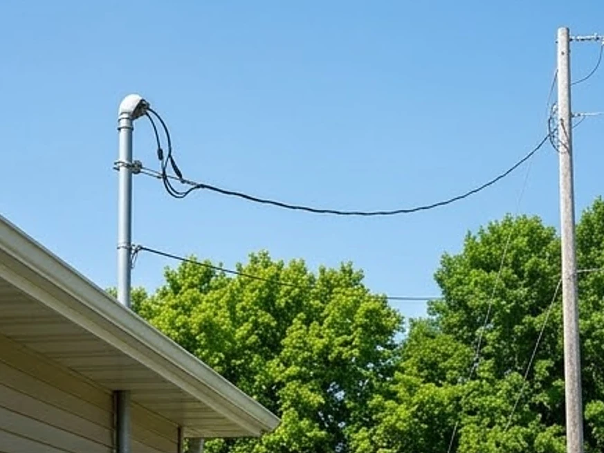 Overhead service drop to a house, summer: electrical inspection in Eagle Lake, MN