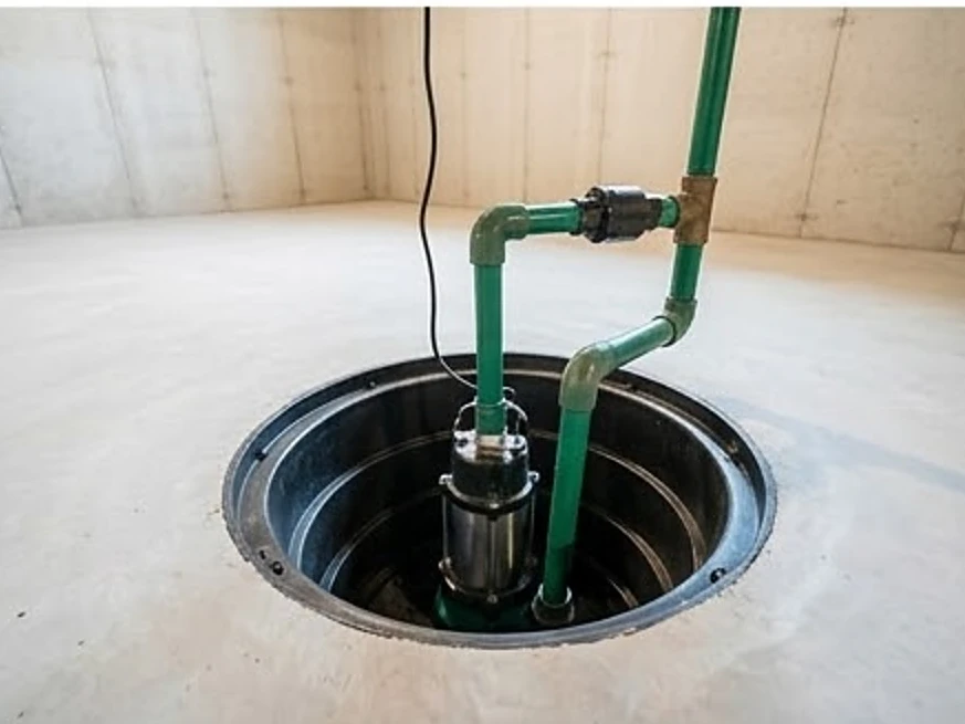 Sump pump in a pit, newer basement: plumbing inspection in Eagan, MN