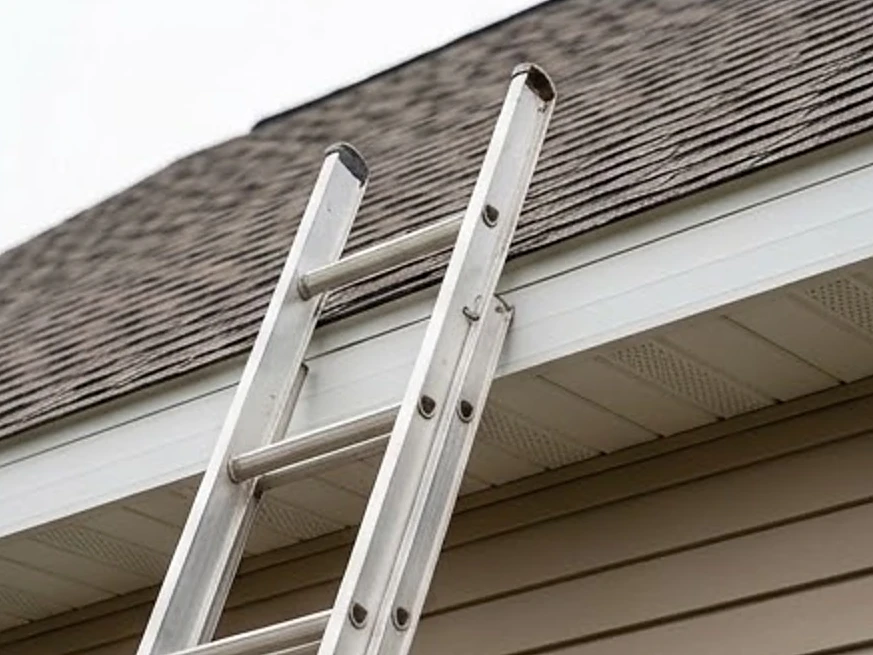 Ladder leaning on a roof eave, newer basement or home: residential inspection in Saint Paul, MN