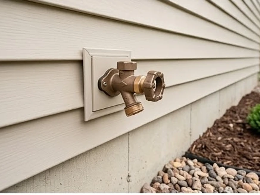 Backflow-style hose bib outside, newer basement: plumbing inspection in Bloomington, MN