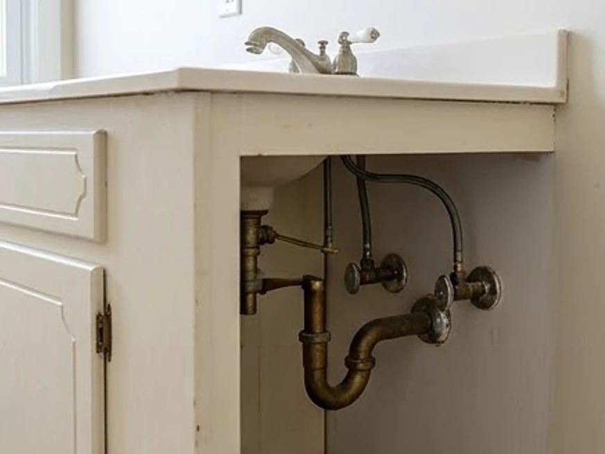 Bathroom vanity plumbing under sink, older bathroom: plumbing inspection in Minneapolis, MN