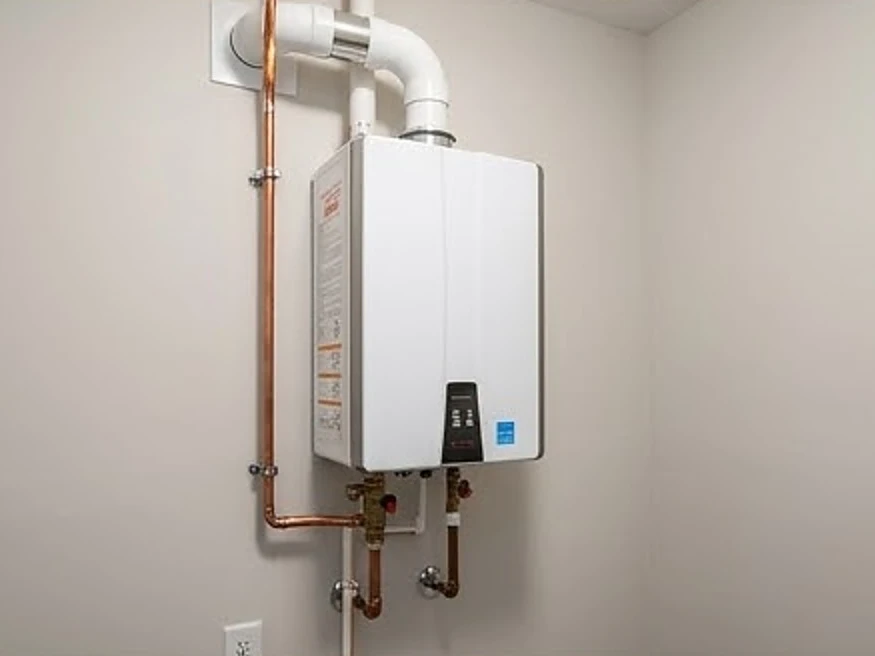 Tankless water heater on a wall, newer home: plumbing inspection in Plymouth, MN