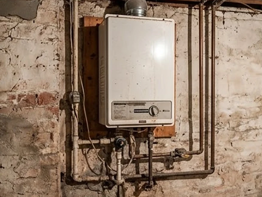 Tankless water heater on a wall, older home: plumbing inspection in Eagan, MN