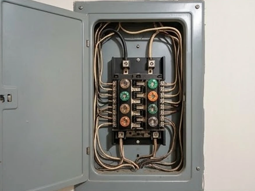 Open electrical panel with breakers (no labels), 1950s Minnesota home: residential inspection in Carver, MN