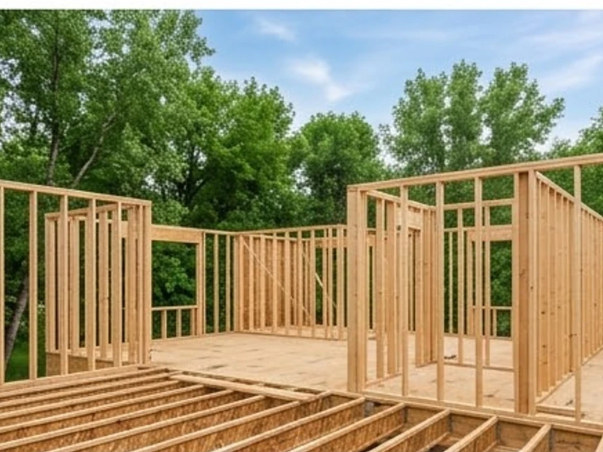 Framed new house with sheathing, summer: new construction inspection in Golden Valley, MN