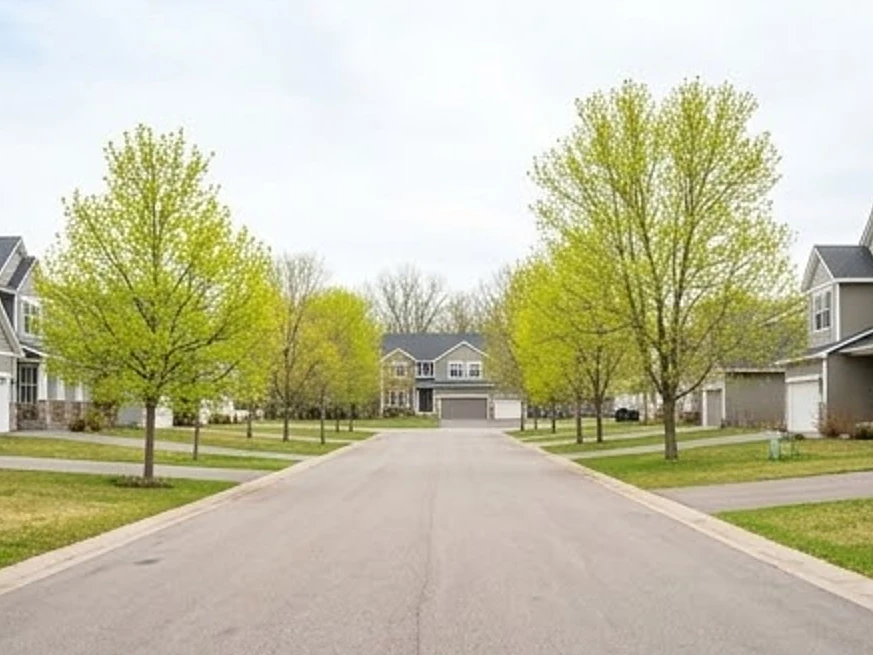 New subdivision street with finished homes, spring: new construction inspection in Saint Paul, MN