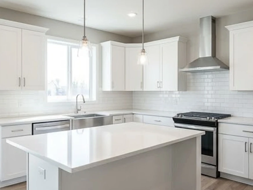 New kitchen ready for move-in, bright daylight: new construction inspection in Mounds View, MN