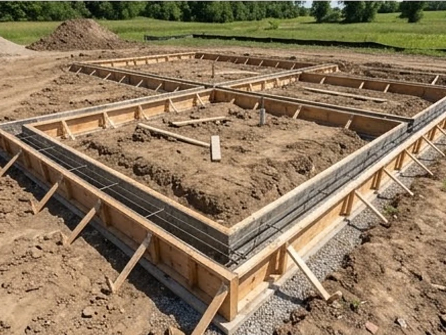 Foundation pour with forms, Iowa build site: new construction inspection in Fort Dodge, IA
