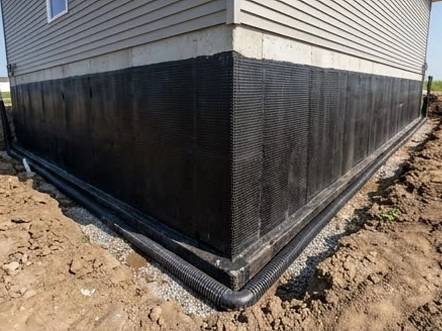 Backfilled foundation with drain tile, Iowa build site: new construction inspection in Fridley, MN