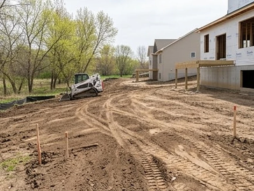 New home grading with a low spot, spring: 11-month warranty inspection in Shakopee, MN