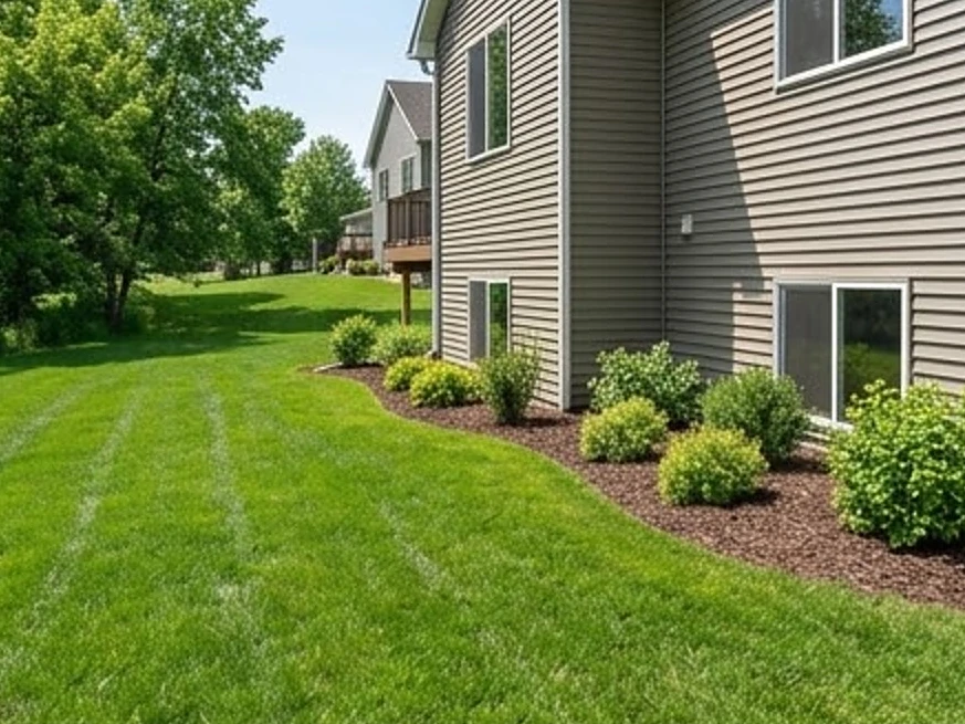New home grading with a low spot, summer: 11-month warranty inspection in East Bethel, MN