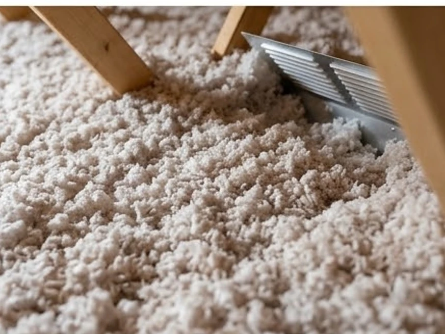 New attic insulation depth, close-up: 11-month warranty inspection in Dayton, MN