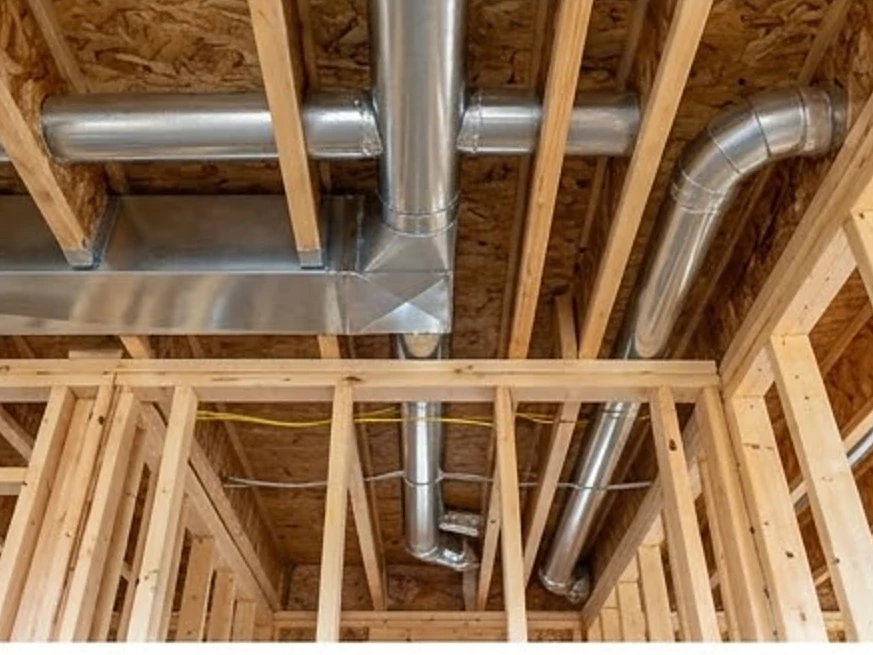 HVAC ducts in open framing, Iowa new build: new construction inspection in Iowa City, IA