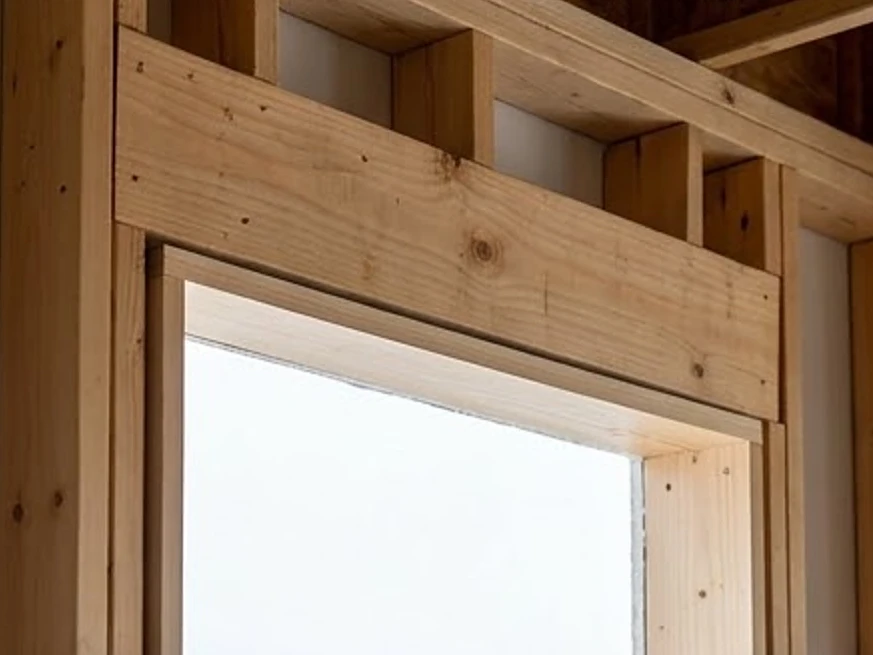 Window rough opening with flashing, close-up: new construction inspection in Blaine, MN