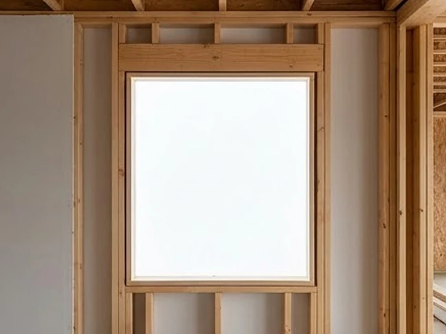 Window rough opening with flashing, wider view: new construction inspection in Forest Lake, MN