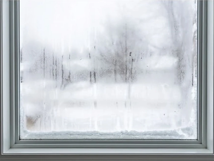 Window with winter condensation, winter: home inspection in Minneapolis, MN