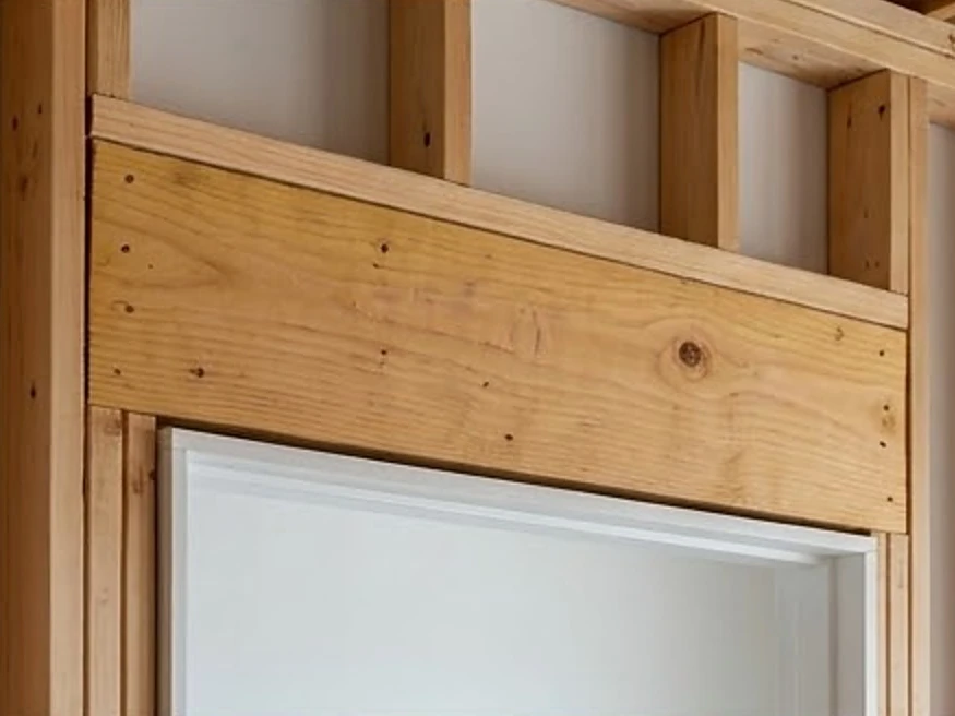 Framing header over a door, close-up: new construction inspection in Blaine, MN