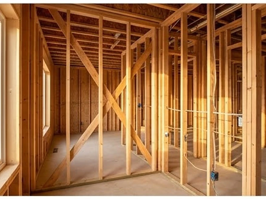 Stairs framed before drywall, afternoon light: new construction inspection in Cambridge, MN