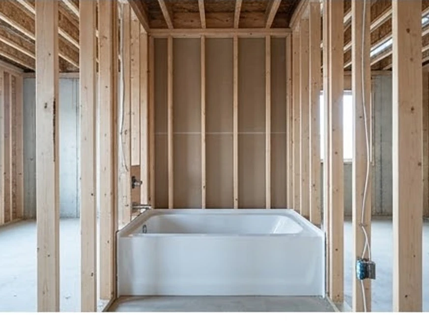Bathroom framed with tub set, morning light: new construction inspection in Cambridge, MN