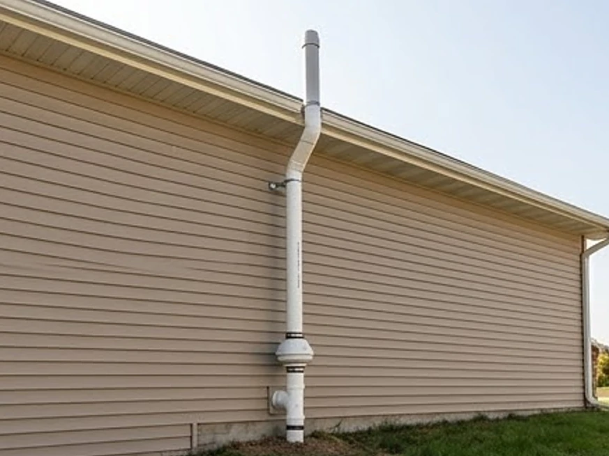 Radon pipe running up an outside wall, newer home: radon testing in Kenyon, MN