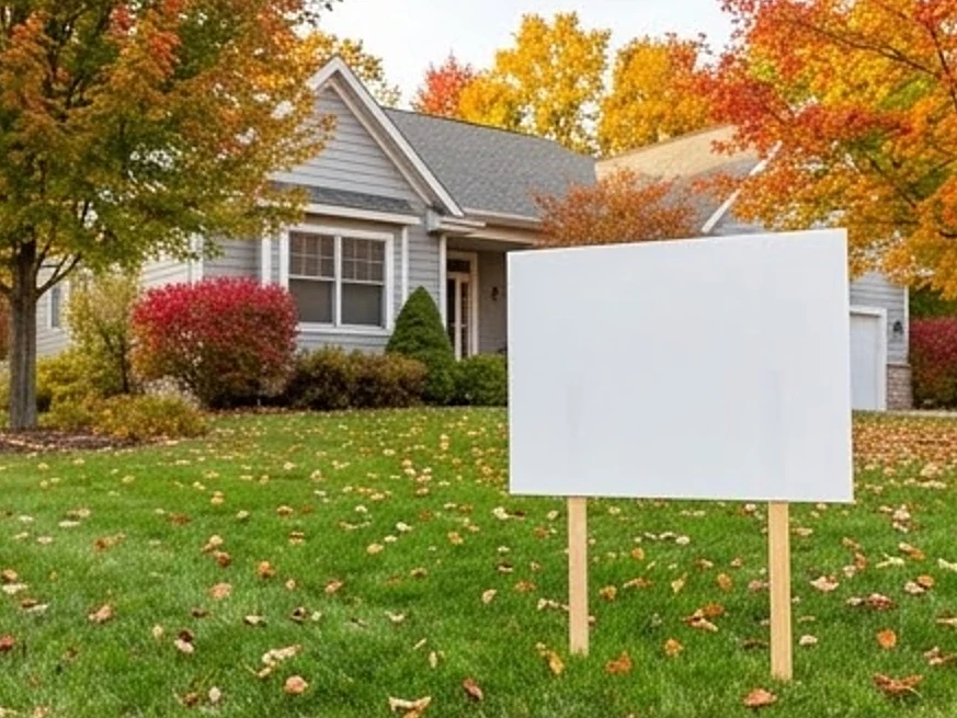 Sold sign in front of a Minnesota home, autumn: buyer's inspection in Minnetonka, MN