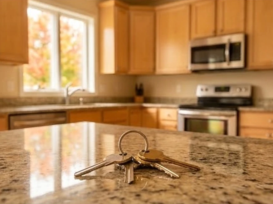 House keys on a kitchen counter, autumn: buyer's inspection in Columbia Heights, MN