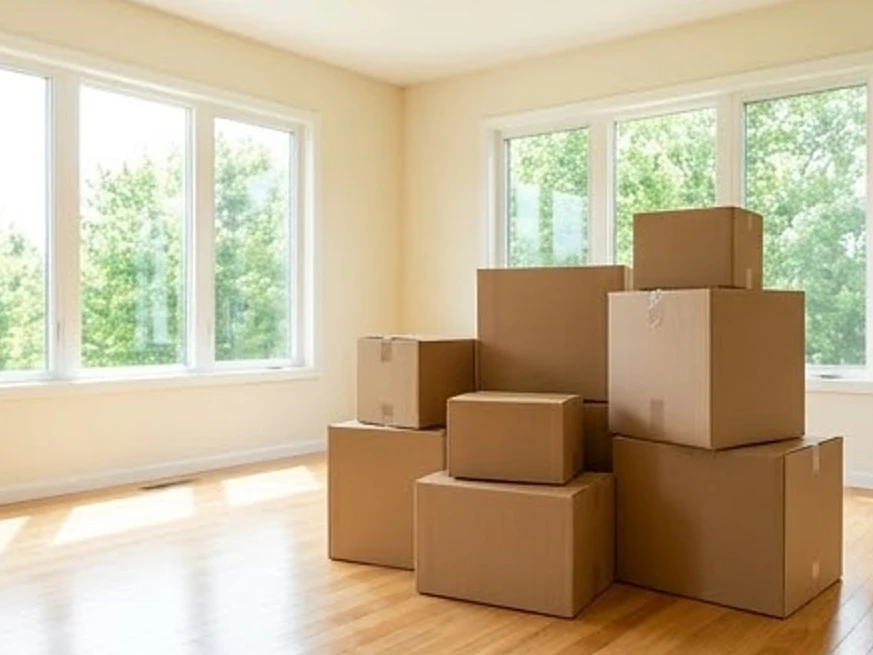 Moving boxes in an empty living room, summer: buyer's inspection in Hugo, MN