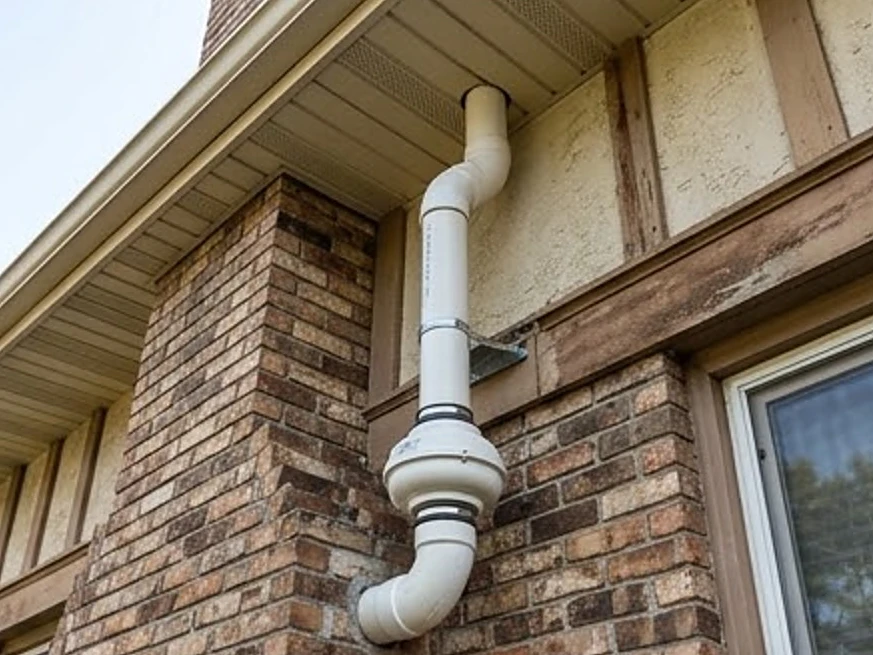 Radon pipe running up an outside wall, older home: radon testing in Cottage Grove, MN