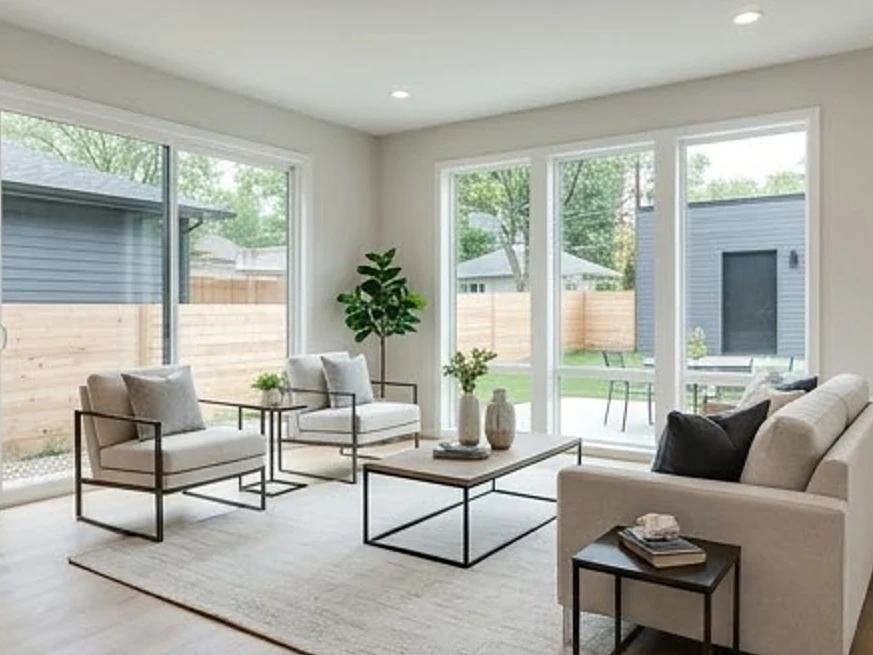 Staged living room, modern home: pre-listing inspection in Minnesota and Iowa