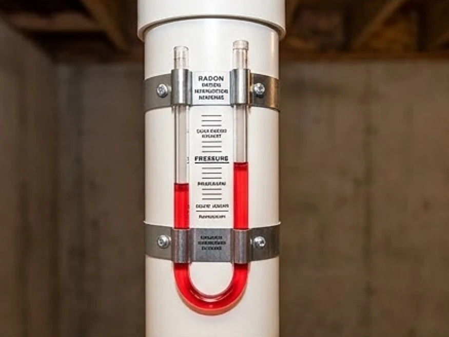 U-tube gauge on a basement radon pipe, newer home: radon testing in Cottage Grove, MN