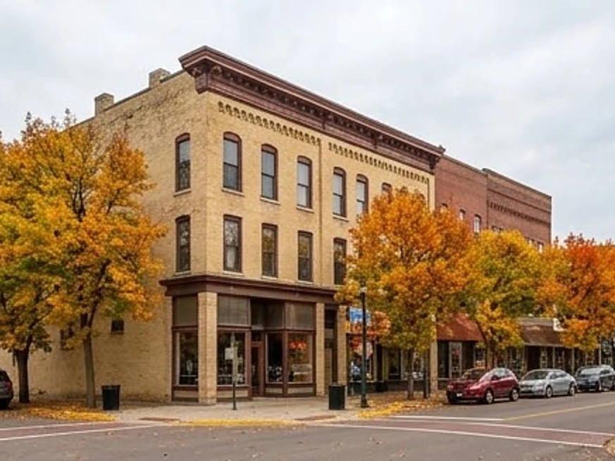 Historic main street building, autumn: home inspection in Becker, MN