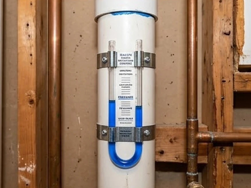 U-tube gauge on a basement radon pipe, older home: radon testing in Clearwater, MN