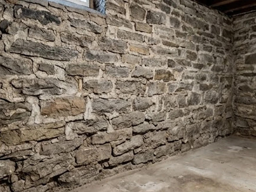Old stone basement wall, wider view: home inspection in Albert Lea, MN