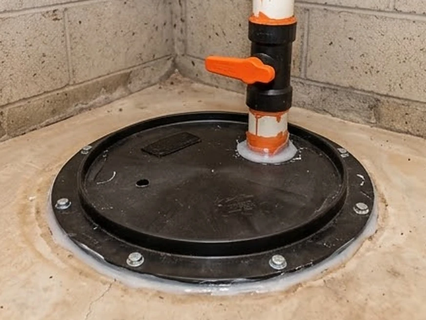 Sealed sump pit lid, older home: radon testing in Bloomington, MN