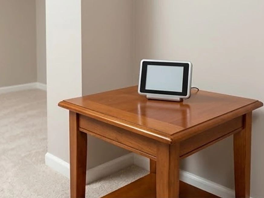 Small radon monitor on a basement table (blank, no screen text), finished basement or home: radon testing in Minneapolis, MN
