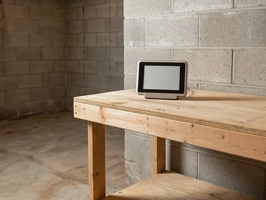 Small radon monitor on a basement table (blank, no screen text), unfinished basement or older home: radon testing in North Saint Paul, MN