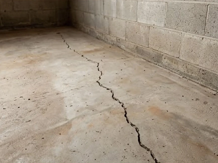 Crack in a basement floor slab, unfinished basement or older home: radon testing in Minneapolis, MN
