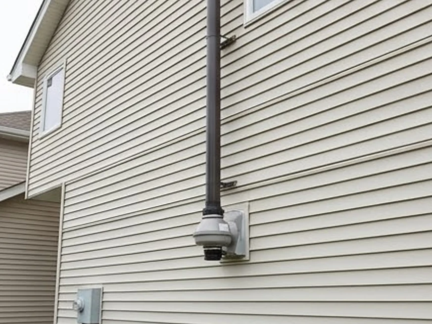 Radon fan on the side of a house, finished basement or home: radon testing in Kenyon, MN