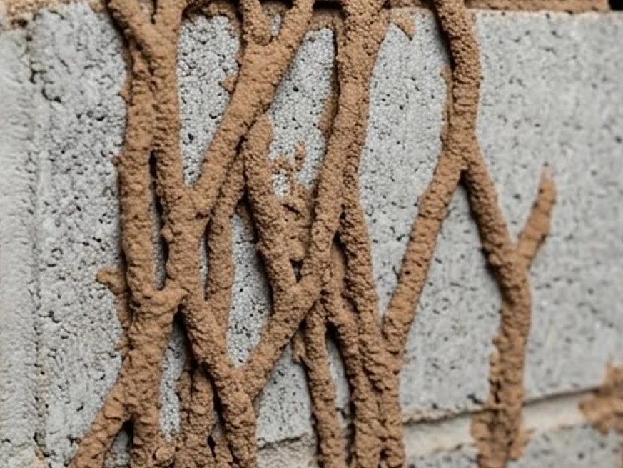 Mud tubes on a foundation wall, close-up: foundation inspection in Buffalo, MN