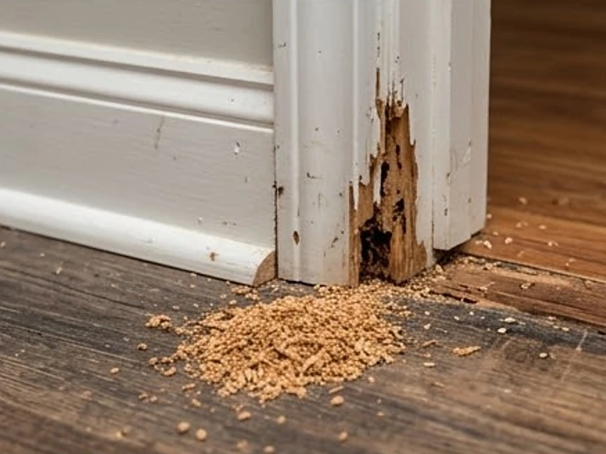 Carpenter ant sawdust (frass) by wood, wider view: foundation inspection in West Des Moines, IA