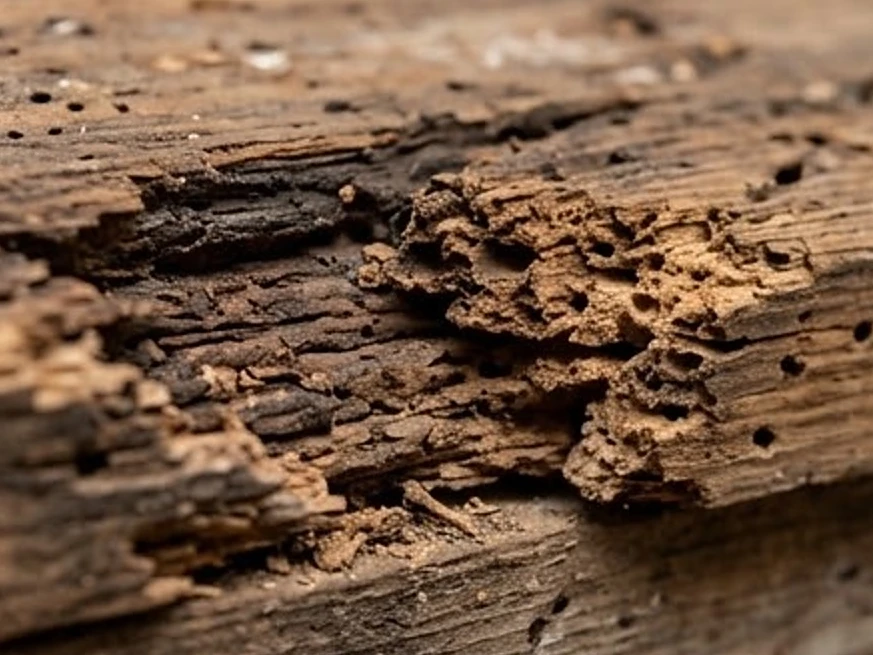 Damaged sill plate wood, close-up: foundation inspection in Red Wing, MN