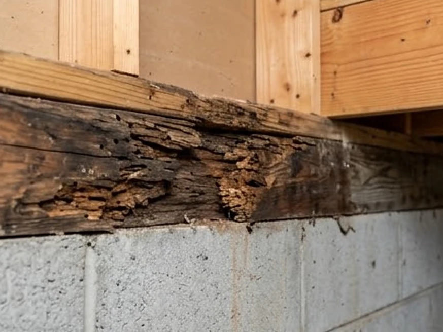Damaged sill plate wood, wider view: foundation inspection in Inver Grove Heights, MN