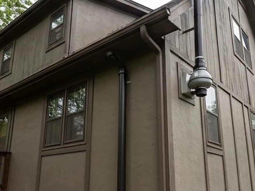 Radon fan on the side of a house, unfinished basement or older home: radon testing in Minneapolis, MN
