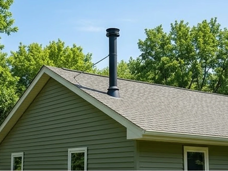 Minnesota home with a radon vent pipe above the roof, summer: radon testing in Anoka, MN