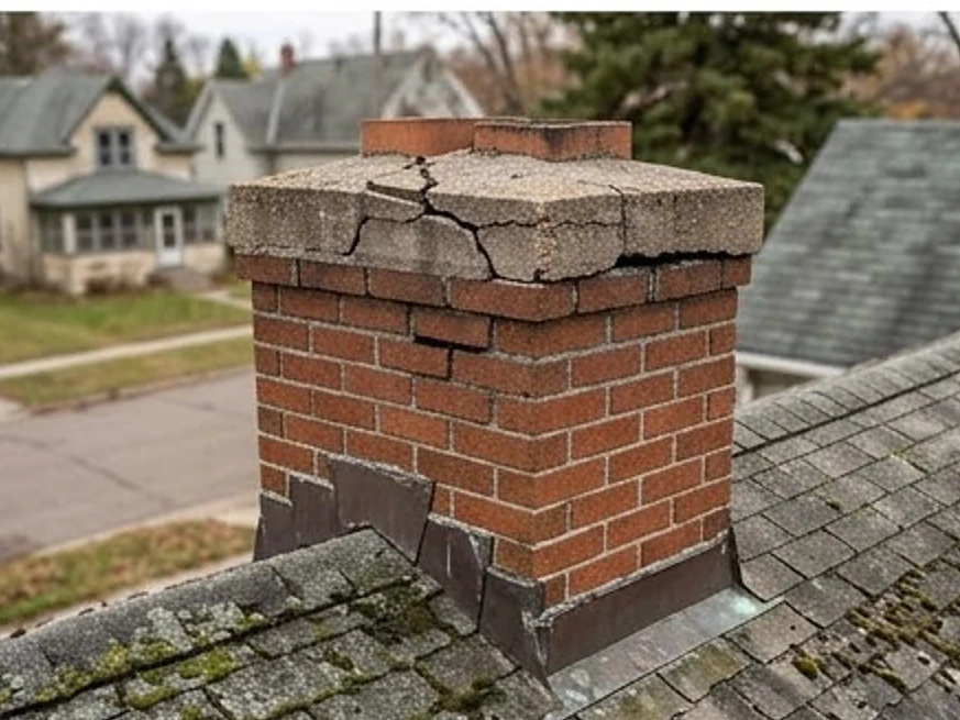 Brick chimney with cracked crown, older roof: roof inspection in Cottage Grove, MN