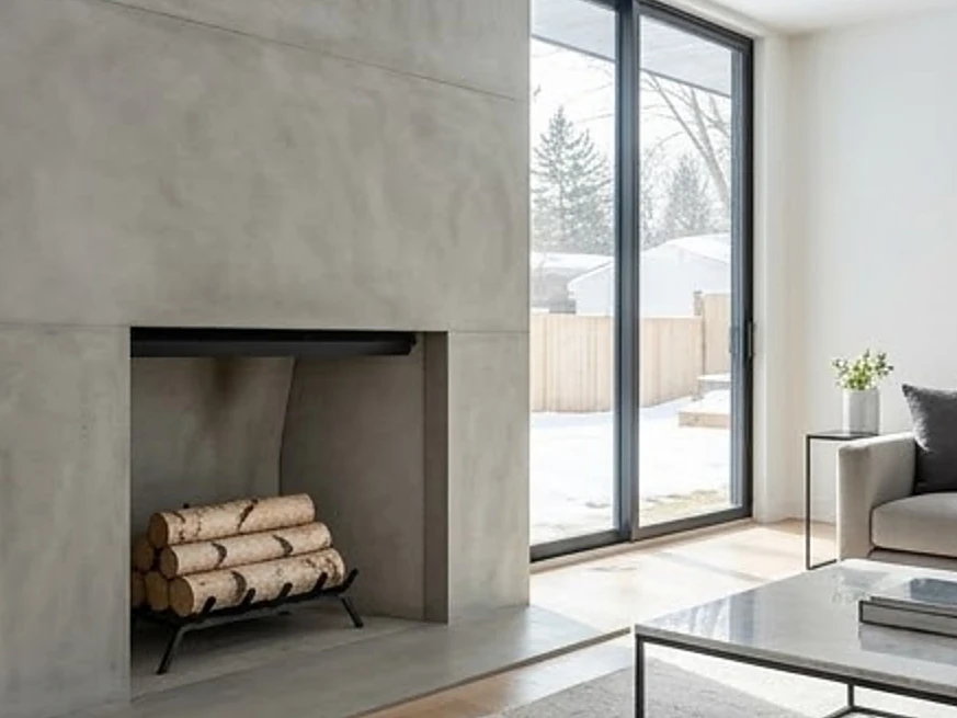 Fireplace firebox, modern living room: roof inspection in Maplewood, MN