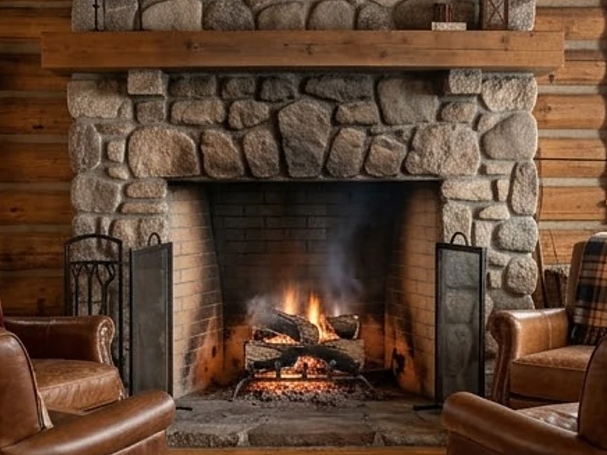 Fireplace firebox, cabin living room: roof inspection in Columbus, MN