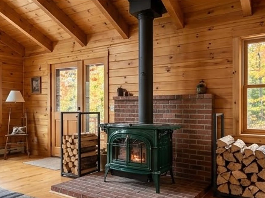 Wood stove with metal chimney pipe, cabin living room: roof inspection in South Saint Paul, MN