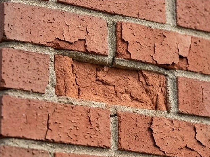 Spalling chimney bricks, close-up: roof inspection in South Saint Paul, MN