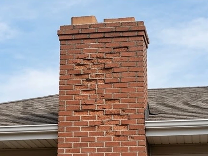 Spalling chimney bricks, wider view: roof inspection in Crystal, MN
